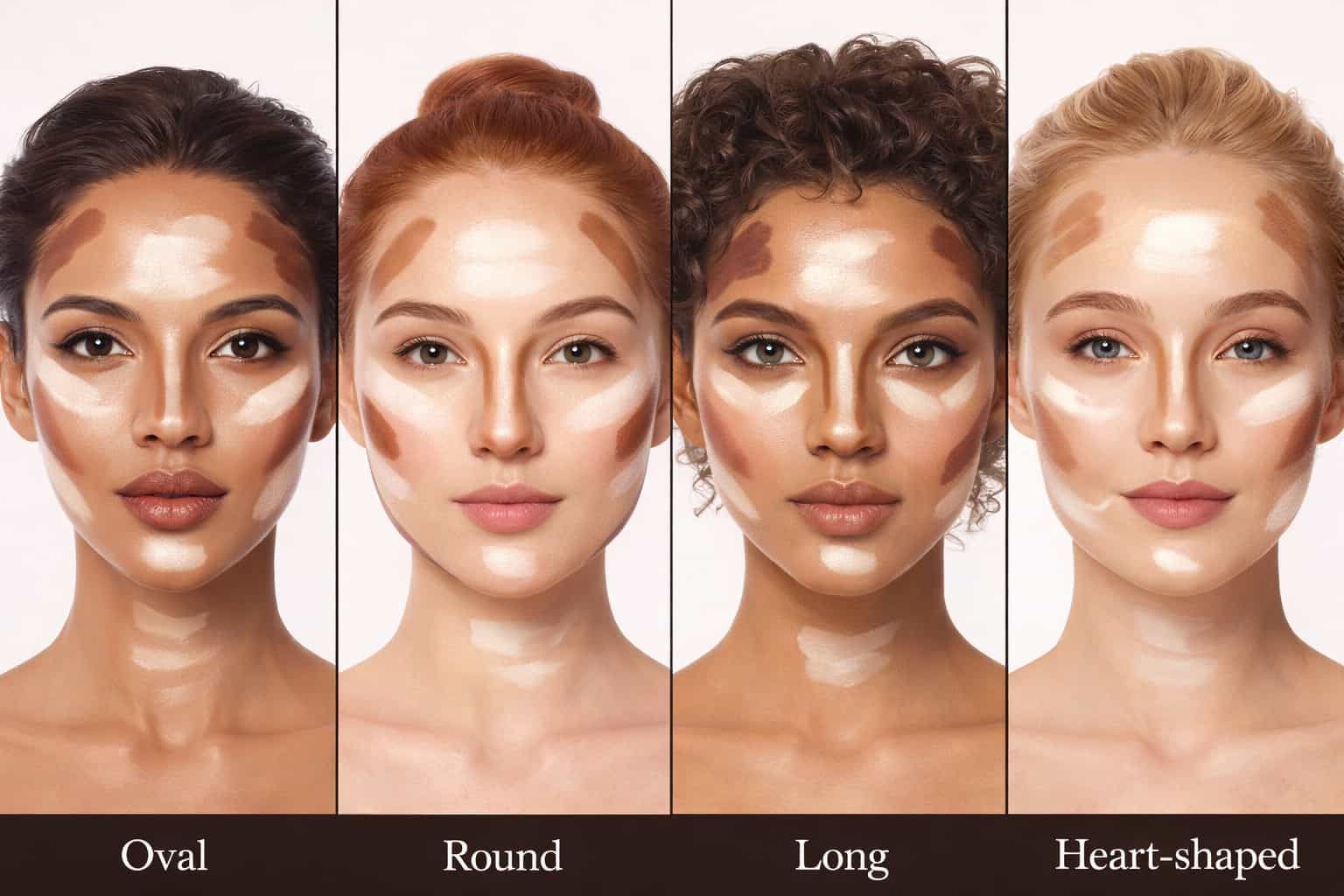 Different face shapes comparison including oval, round, long, and heart-shaped for makeup mapping
