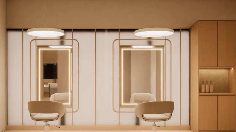 Modern beauty salon interior in Dubai with minimalist design and styling chairs