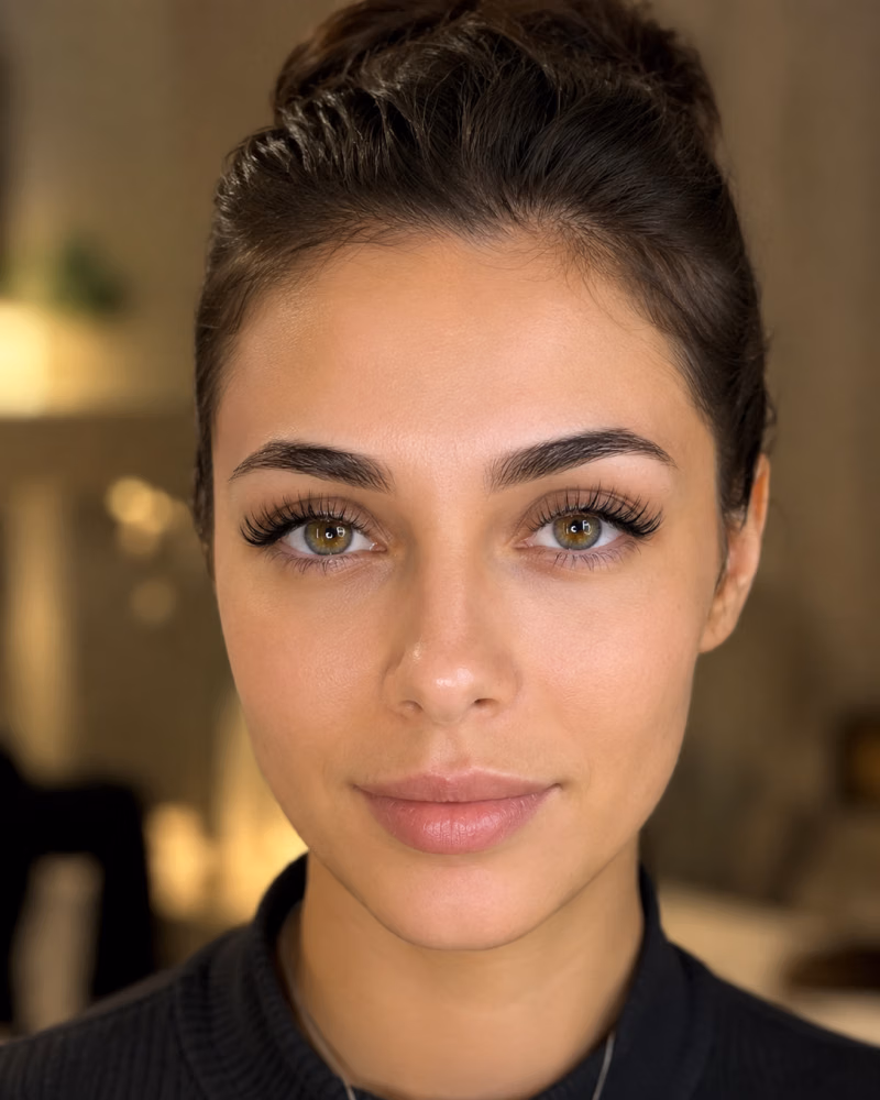woman with fluffy Russian volume lashes, hazel eyes, natural brows, and soft pink lips, wearing a dark knit top in warm indoor lighting