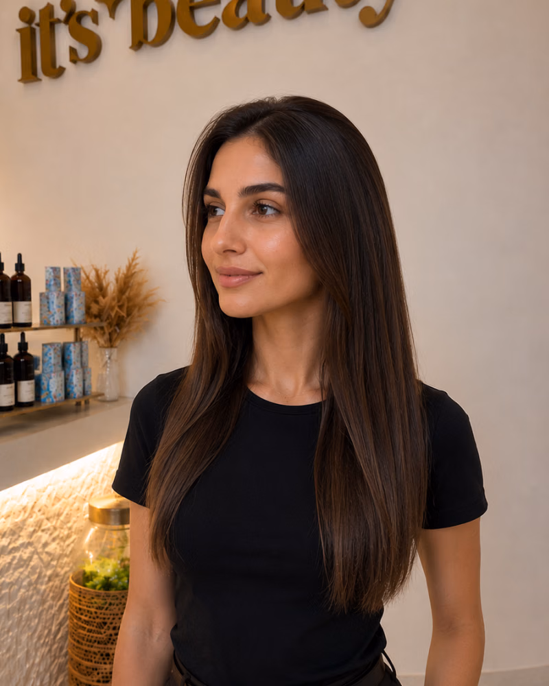 Woman with smooth, healthy brunette hair after a professional scalp treatment and hair care service
