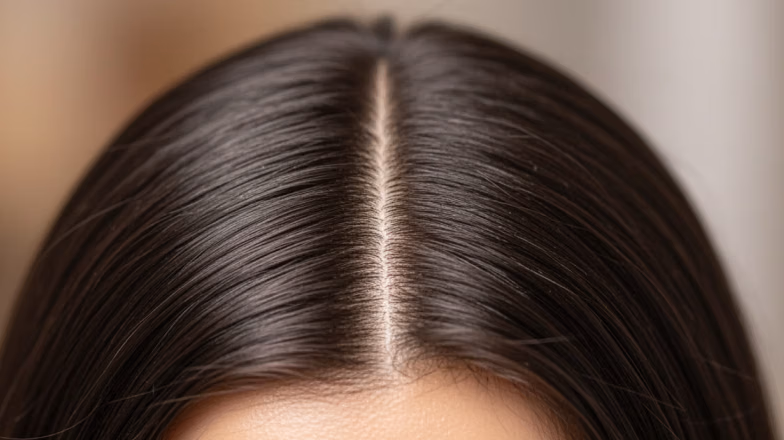 Close-up of healthy scalp and hair roots showing clean and nourished hair parting