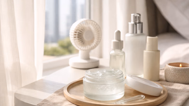 Skincare products and face masks arranged for a multi-masking routine on a clean vanity