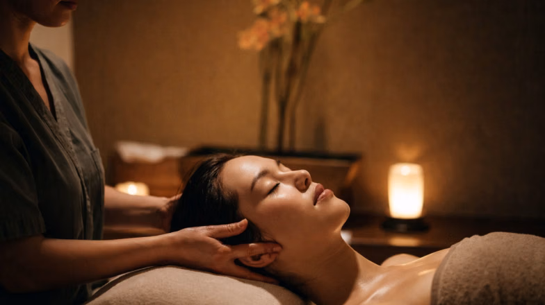 Relaxing Thai massage session with gentle stretching and rhythmic movements in a calm setting