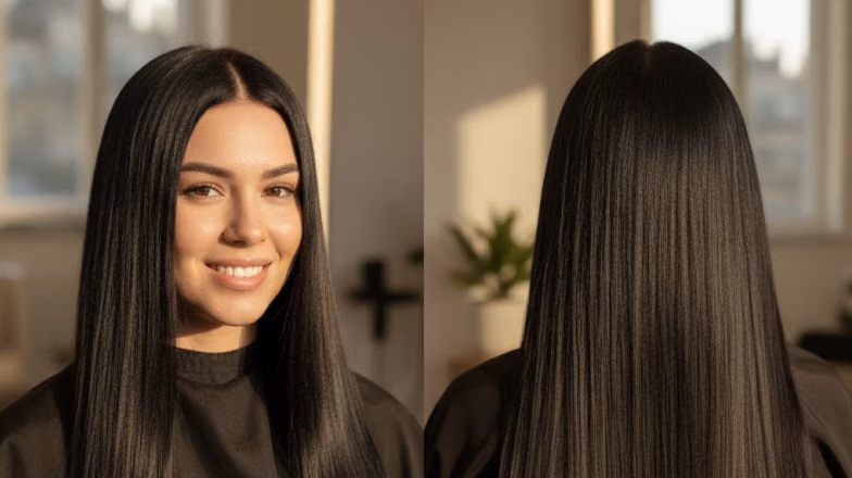Before and after keratin treatment showing smooth straight hair with reduced frizz