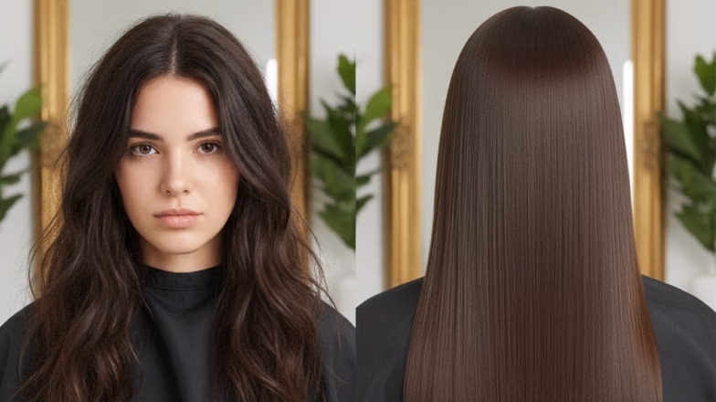 Hair transformation from frizzy waves to sleek straight hair after keratin treatment
