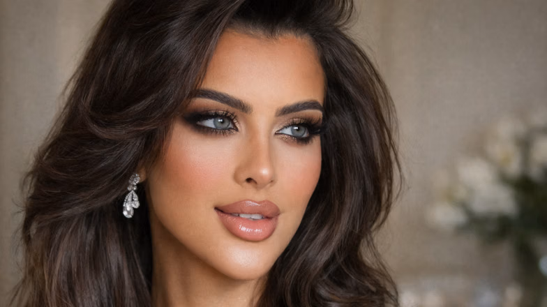 Glam wedding makeup trend in Dubai with bold eyes and sculpted contour for modern brides