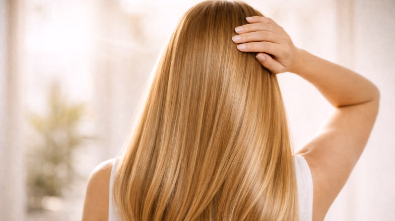 Back view of smooth, healthy blonde hair illustrating improved elasticity and shine after proper care