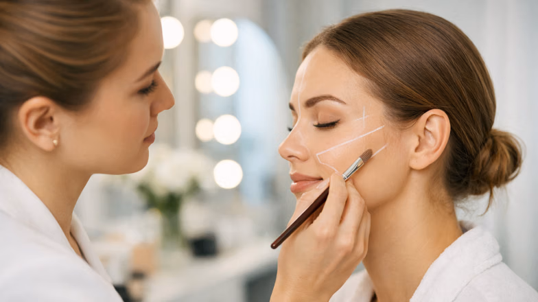 Professional makeup artist applying contour based on face mapping in a beauty salon
