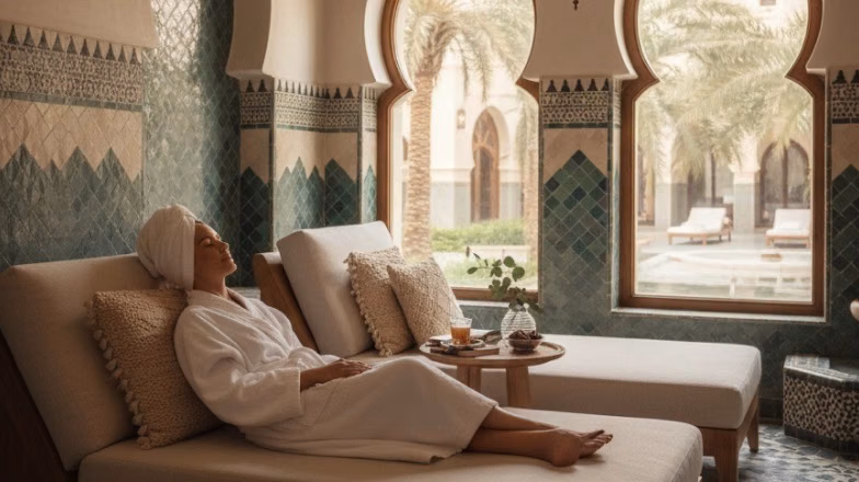 Woman relaxing after Moroccan bath treatment in a luxury spa setting