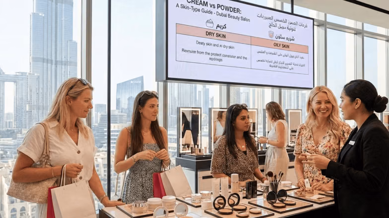 Makeup consultation in beauty salon with clients choosing between cream and powder makeup products