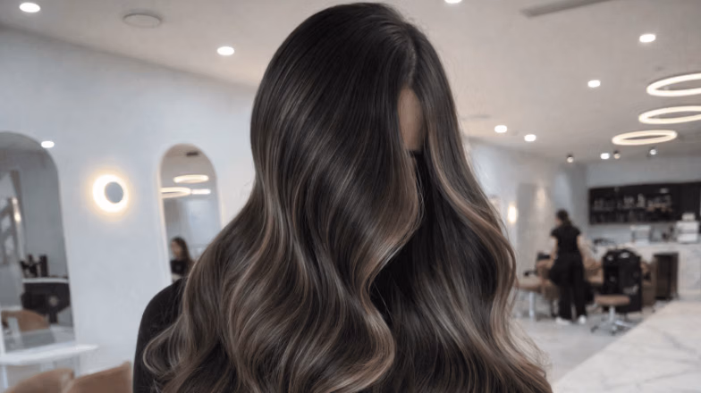Dark hair with subtle balayage highlights creating dimension in salon lighting