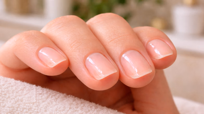 Healthy natural nails with smooth free edges after proper nail care and treatment