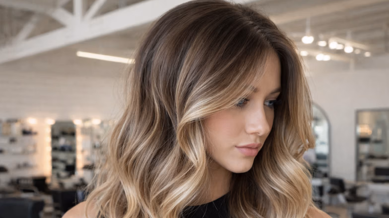 Close-up of a woman with highlighted hair in a salon, showing faded tones and the need for color maintenance