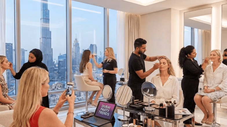 Makeup artists working with clients in a beauty salon in Dubai before events