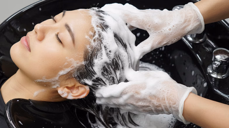 Relaxing scalp massage treatment in beauty salon to improve blood circulation and promote healthy hair growth