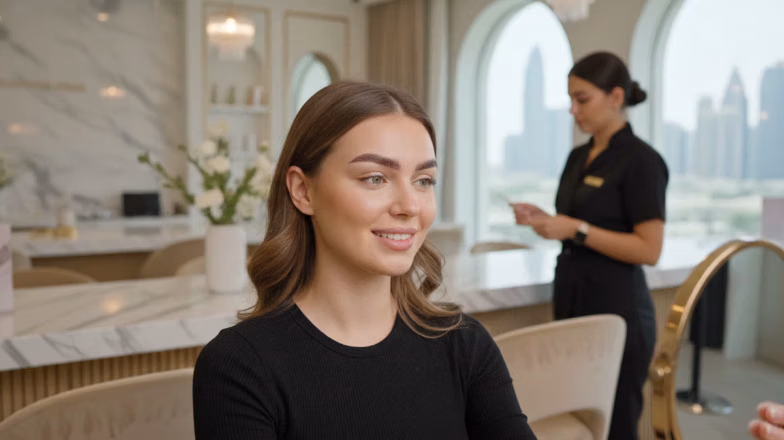 Woman with styled eyebrows after brow lamination in a beauty salon