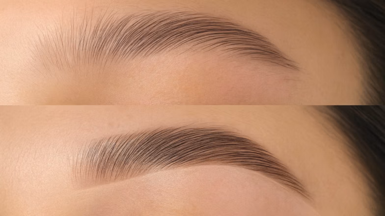 Before and after eyebrow lamination showing fuller and more defined brow shape