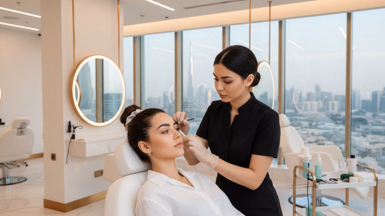 Beauty specialist shaping eyebrows during brow lamination treatment