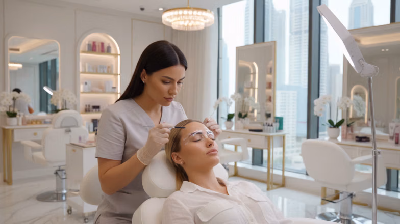 Brow lamination procedure performed by technician in a modern beauty salon